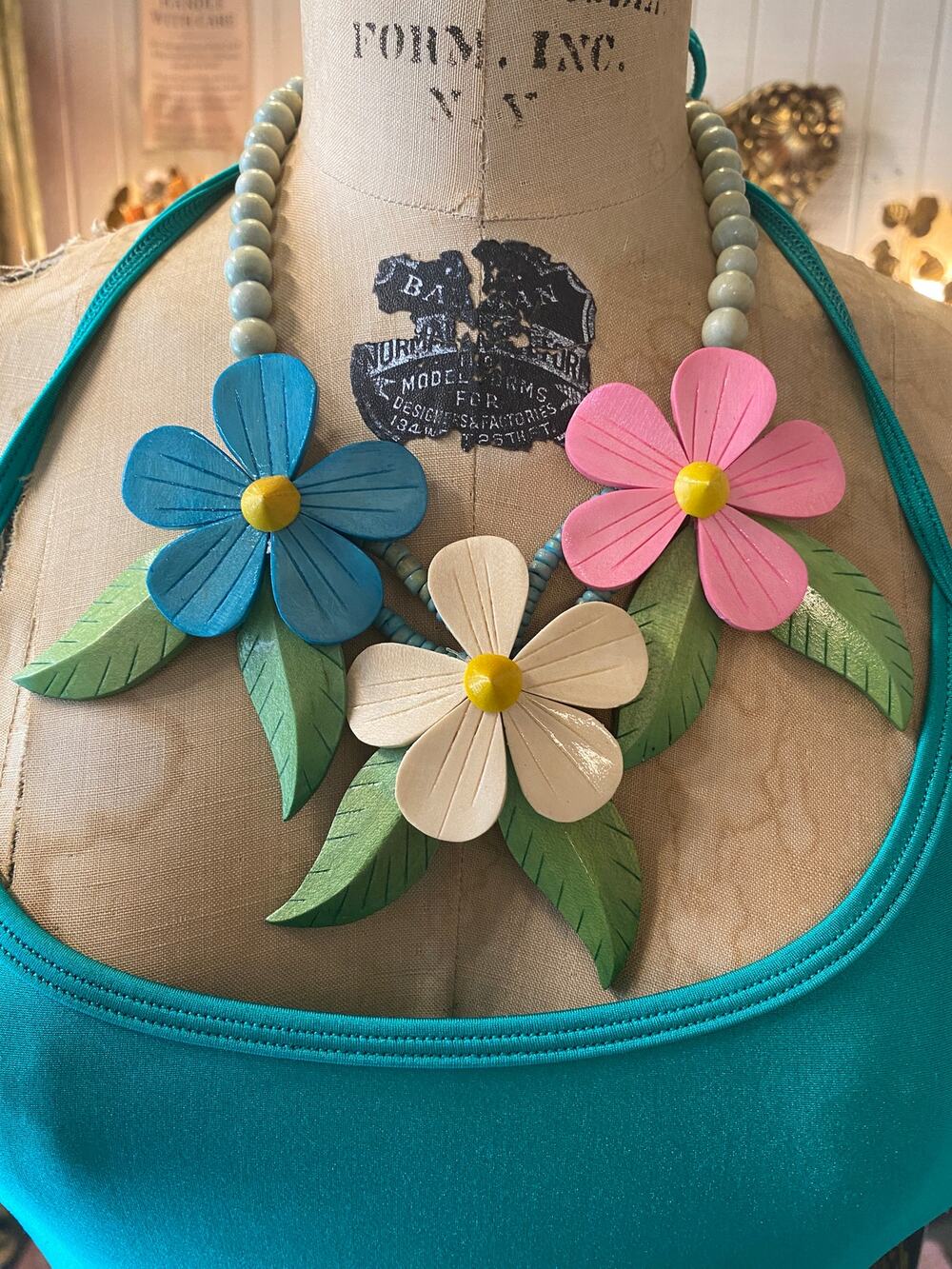vintage 1980s huge wood flower necklace, beaded carved, 80s fashion accessories